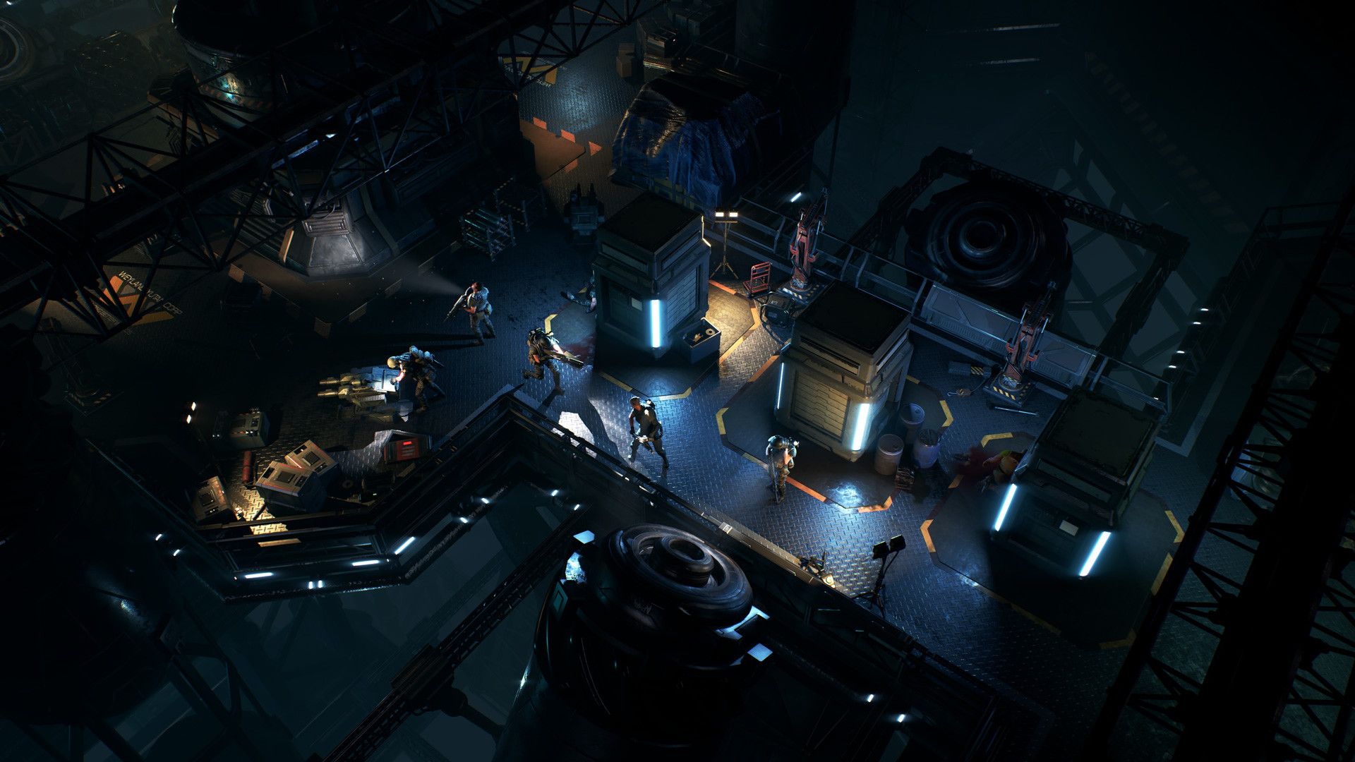 A squad of Colonial Marines surrounded by Xenomorphs in Aliens: Dark Descent.