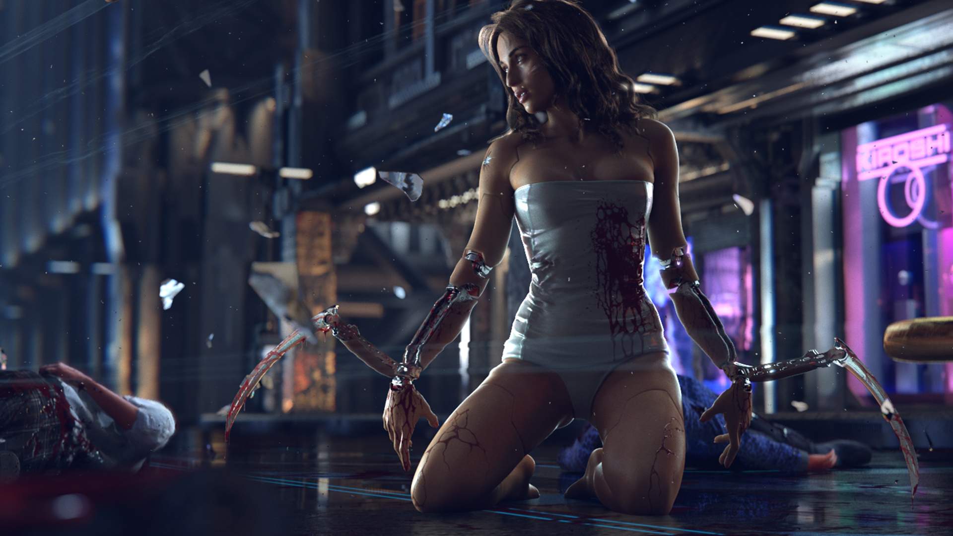 A shot from the Cyberpunk: 2077 trailer, with a woman covered in blood and nearly naked. She has cybernetic attachments on her wrists.