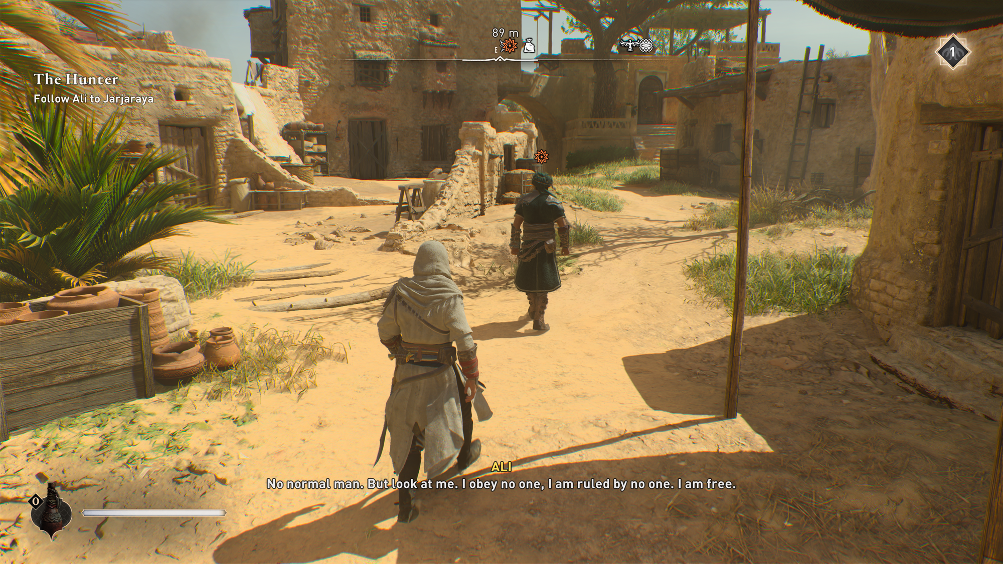 A gameplay screenshot depicting the assassin following behind his interlocutor who is saying, "No normal man. But look at me. I obey no one. I am ruled by no one. I am free."