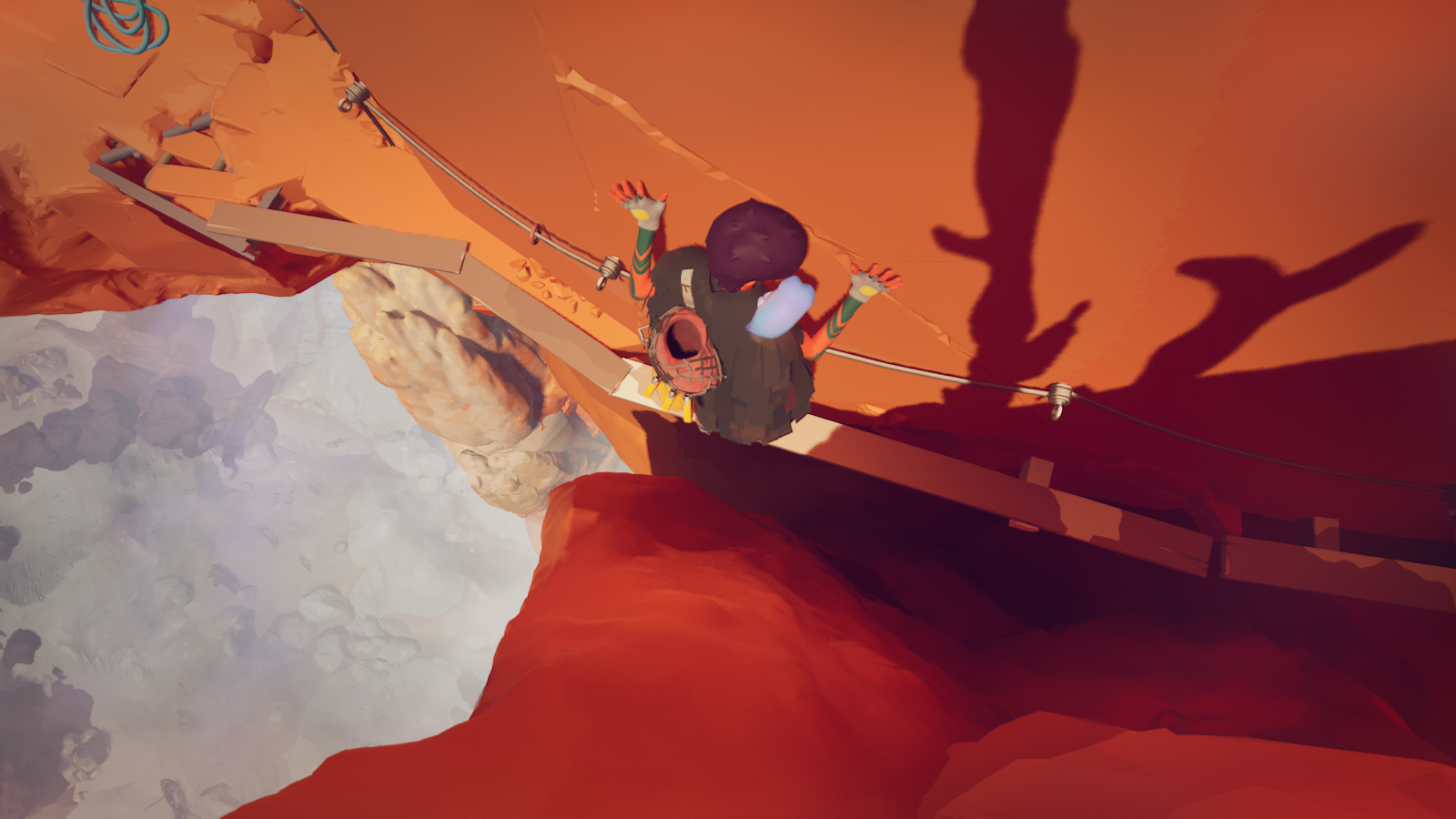 The main character in Jusant scaling a rock face on a thin beam.