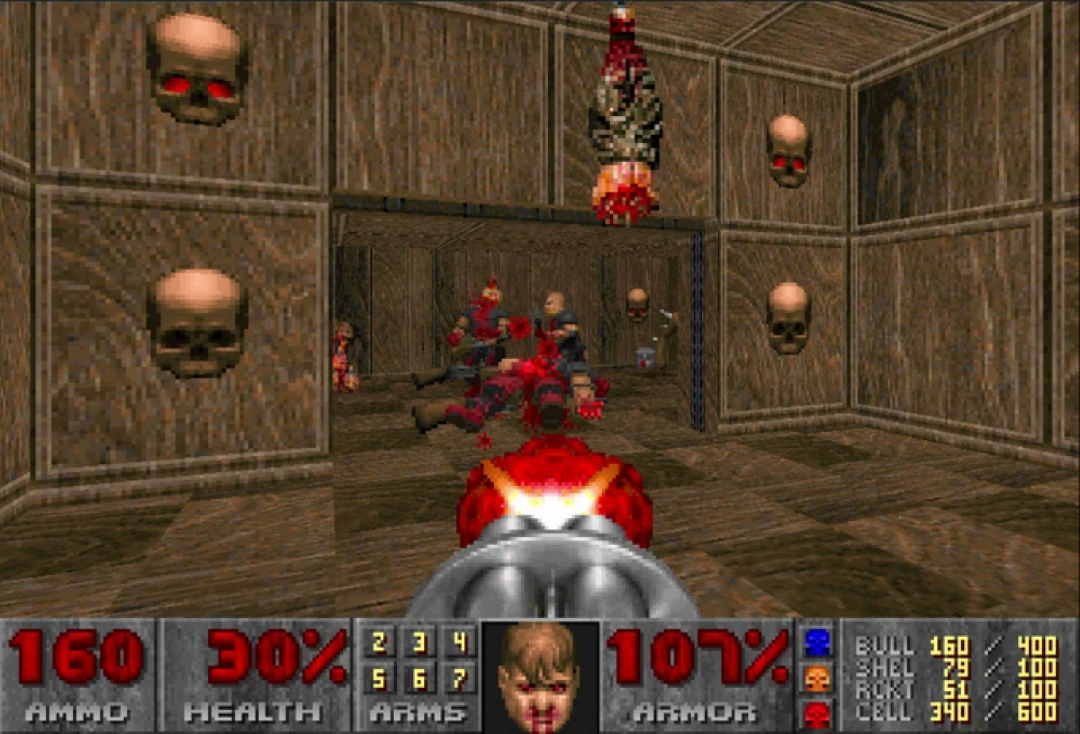 A screenshot from Doom (1993) with Doom Guy shooting at old humans.