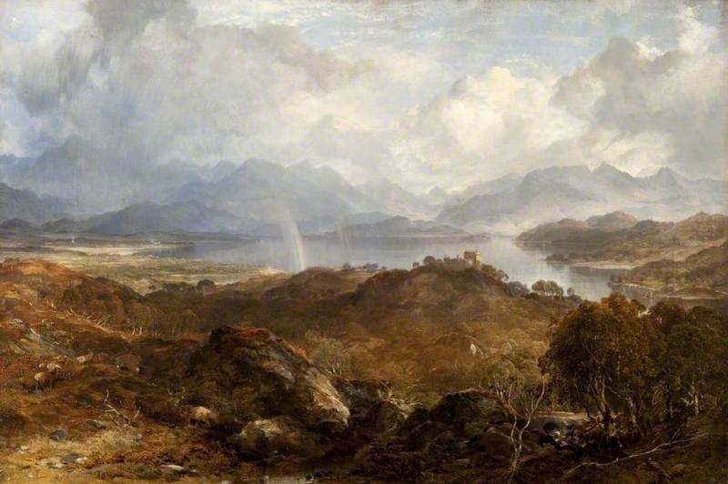 A painted landscape of the red-brown trees and hills of the highlands abutting a clear lake bounded by gray hills and a mountain range of white clouds.