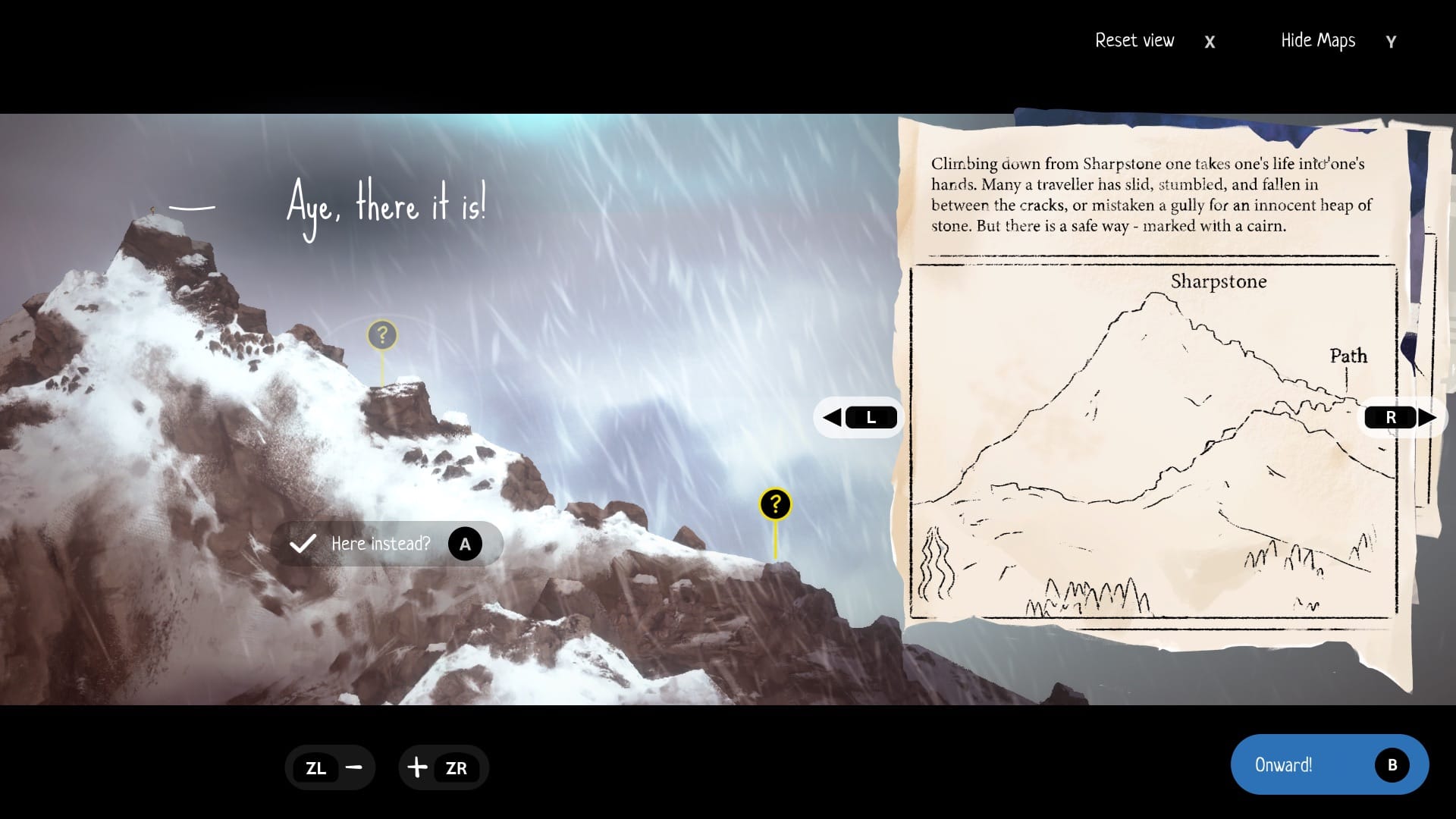 A screenshot from A HIghland Song of showing a map fragment with a prompt that asks "Here, instead?"