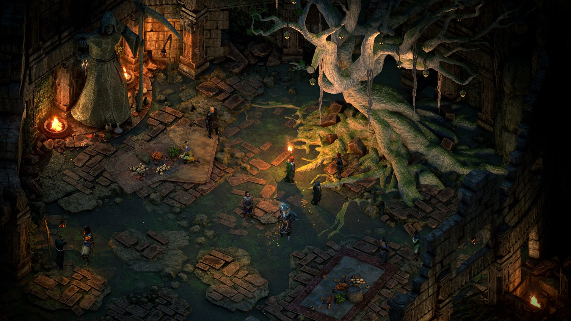 The Temple of Guan in Pillars of Eternity: Deadifre. Four people stand in the middle of an overgrown dark temple. 