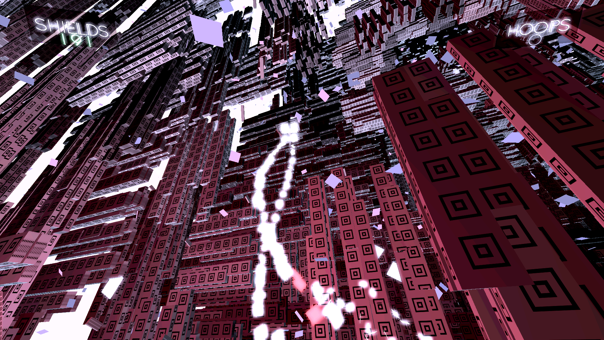 A screenshot from Endlight with a string of lit-up cubes falling down the side of what looks like a cityscape.