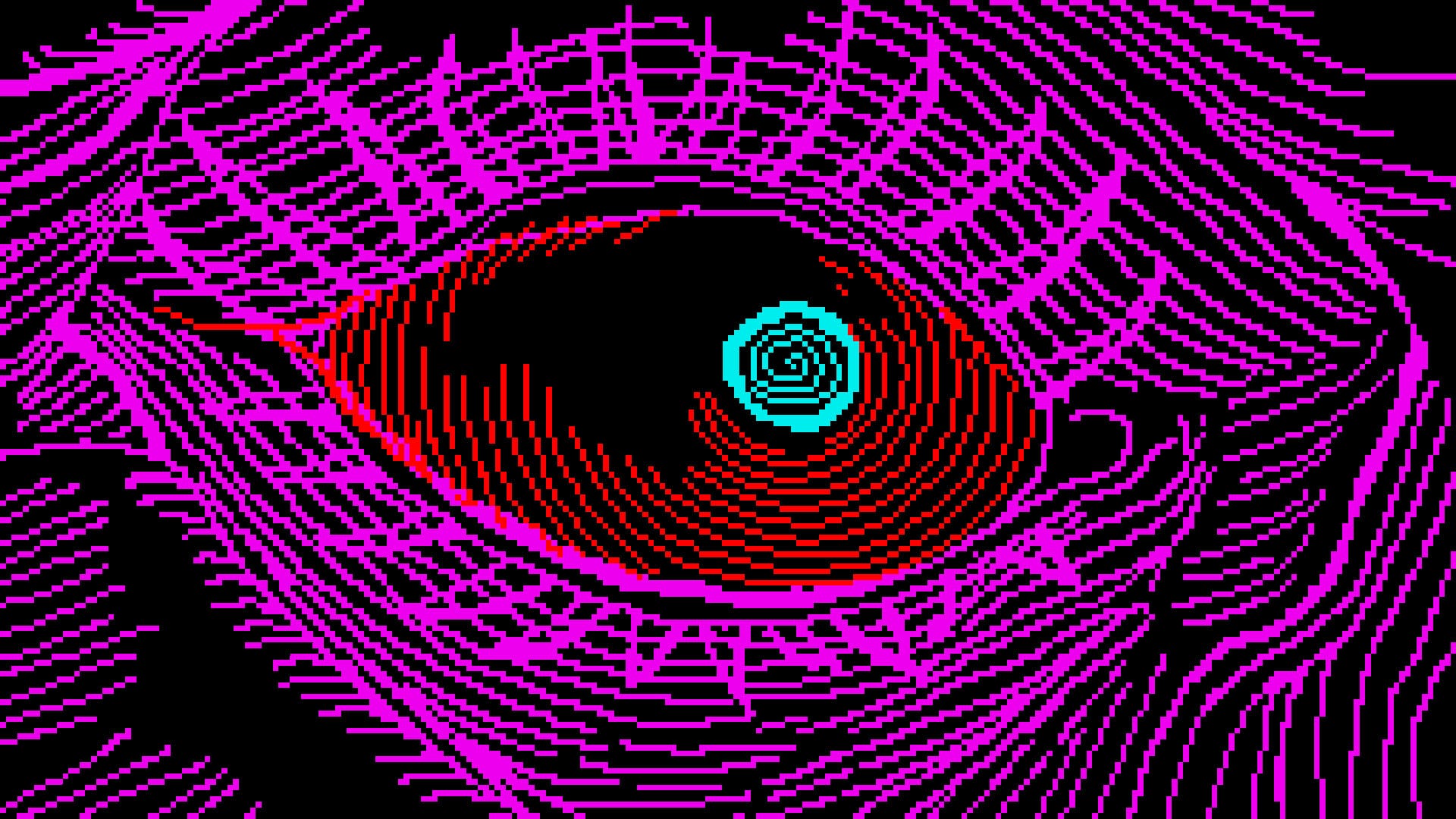 A screenshot from An Eye for Optical Theory 1666. It's a closeup of an eye that's red with a blue pupil. The face is pink.