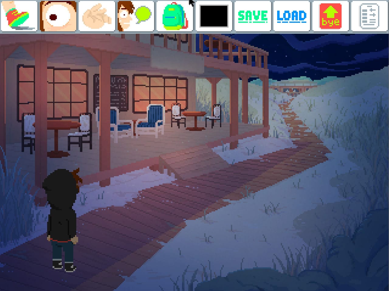 A screenshot from Perfect Tides with a character standing outside looking at a patio stacked with chairs and tables.