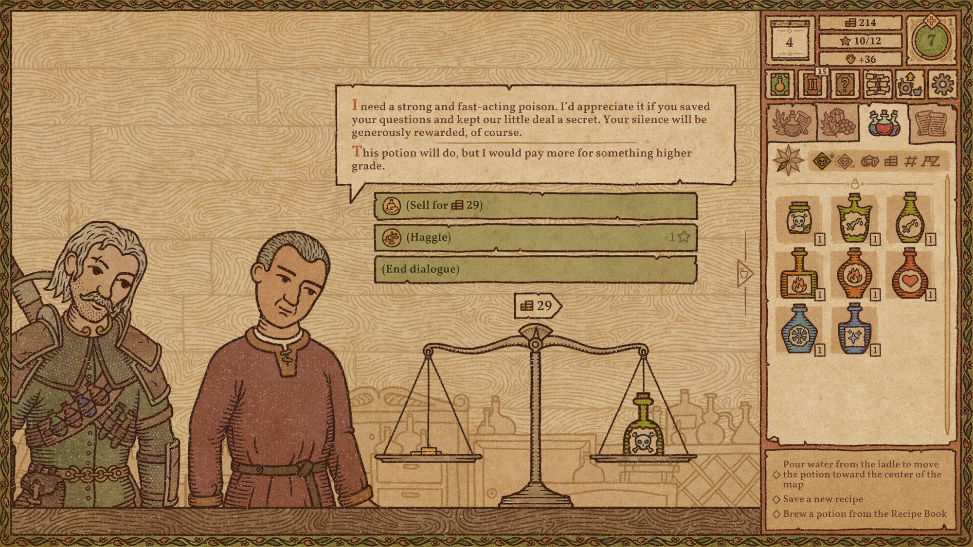 A dialogue screen in Potion Craft where you need to sell a potion to a customer or haggle.