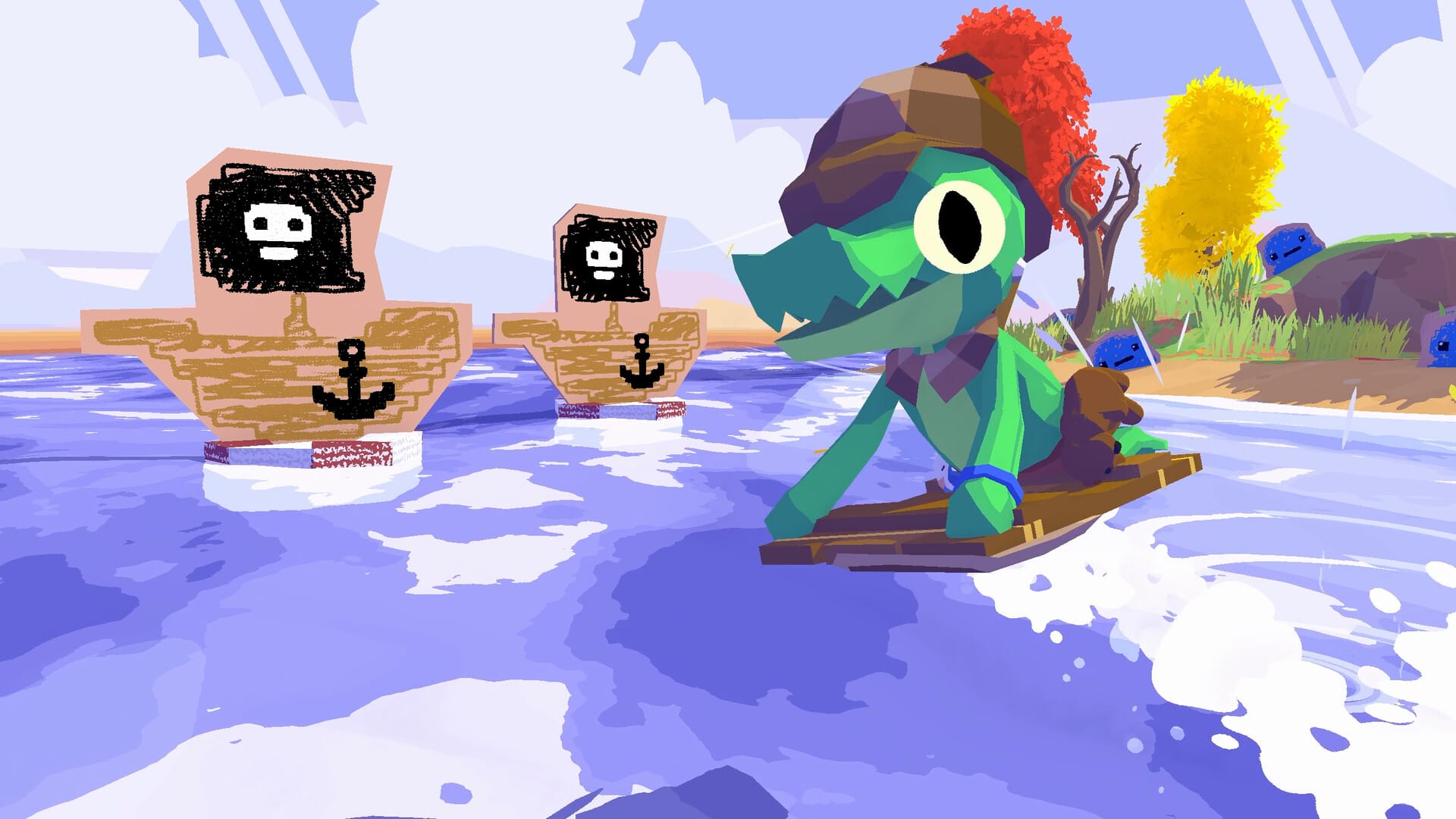 The gator from Lil Gator Game surfing on a river on a wooden board in front of cardboard cutouts of ships.