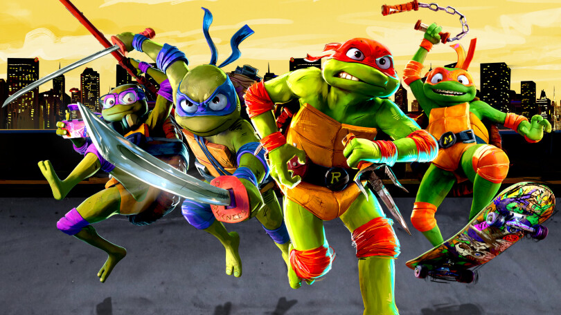 The four teenage mutant ninja turtles from Mutant Mayhem ready to spring into action.