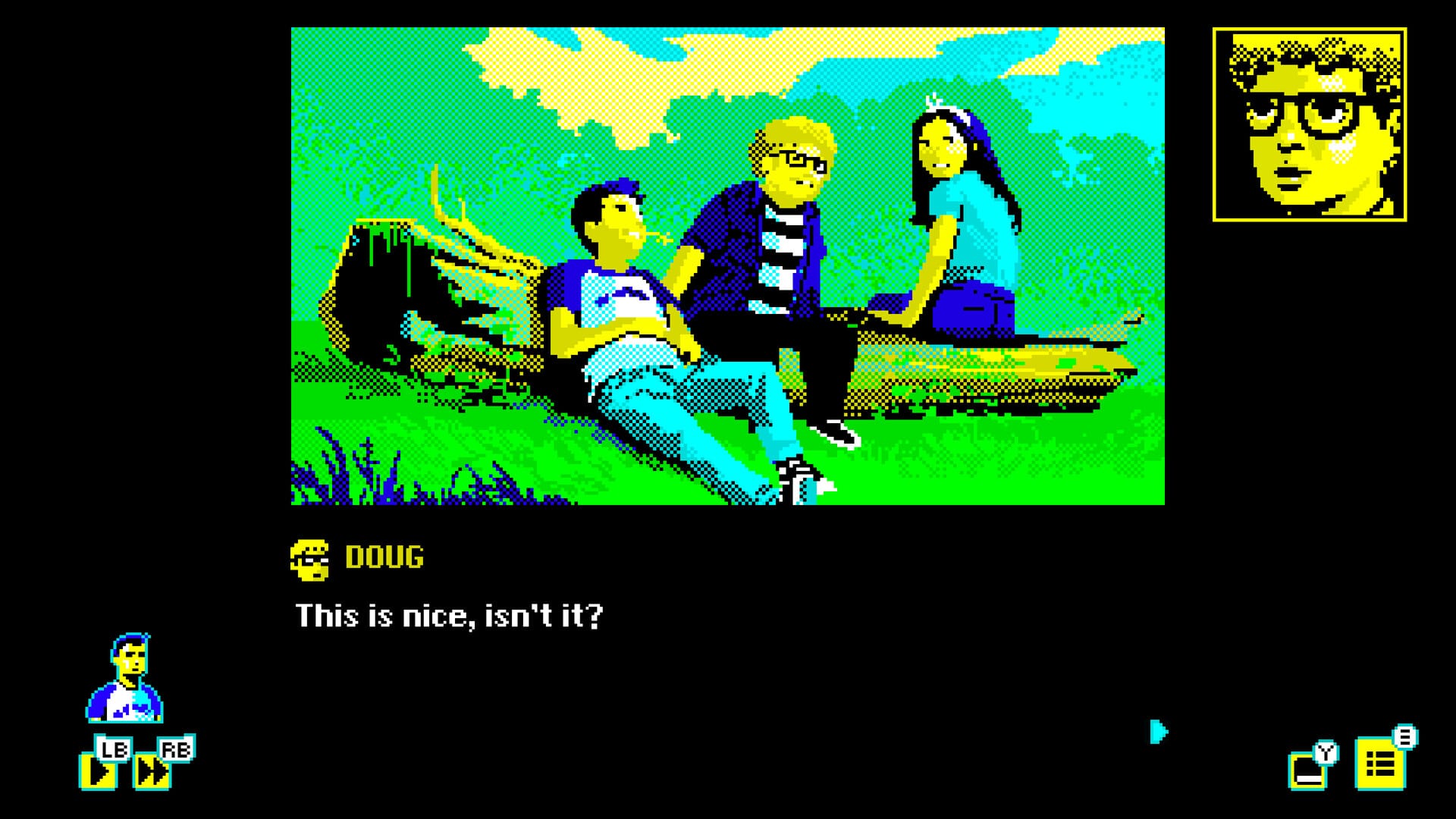 A screenshot from Varney Lake with three characters sitting on a log. Doug says "This is nice, isn't it?"