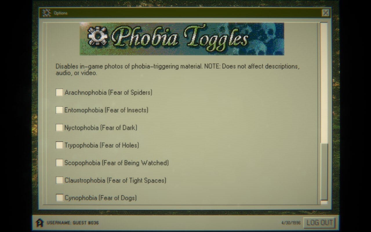 The phobia toggle screen in Home Safety Hotline showing options for arachnophobia, nyctophobia, trypophobia, and others.