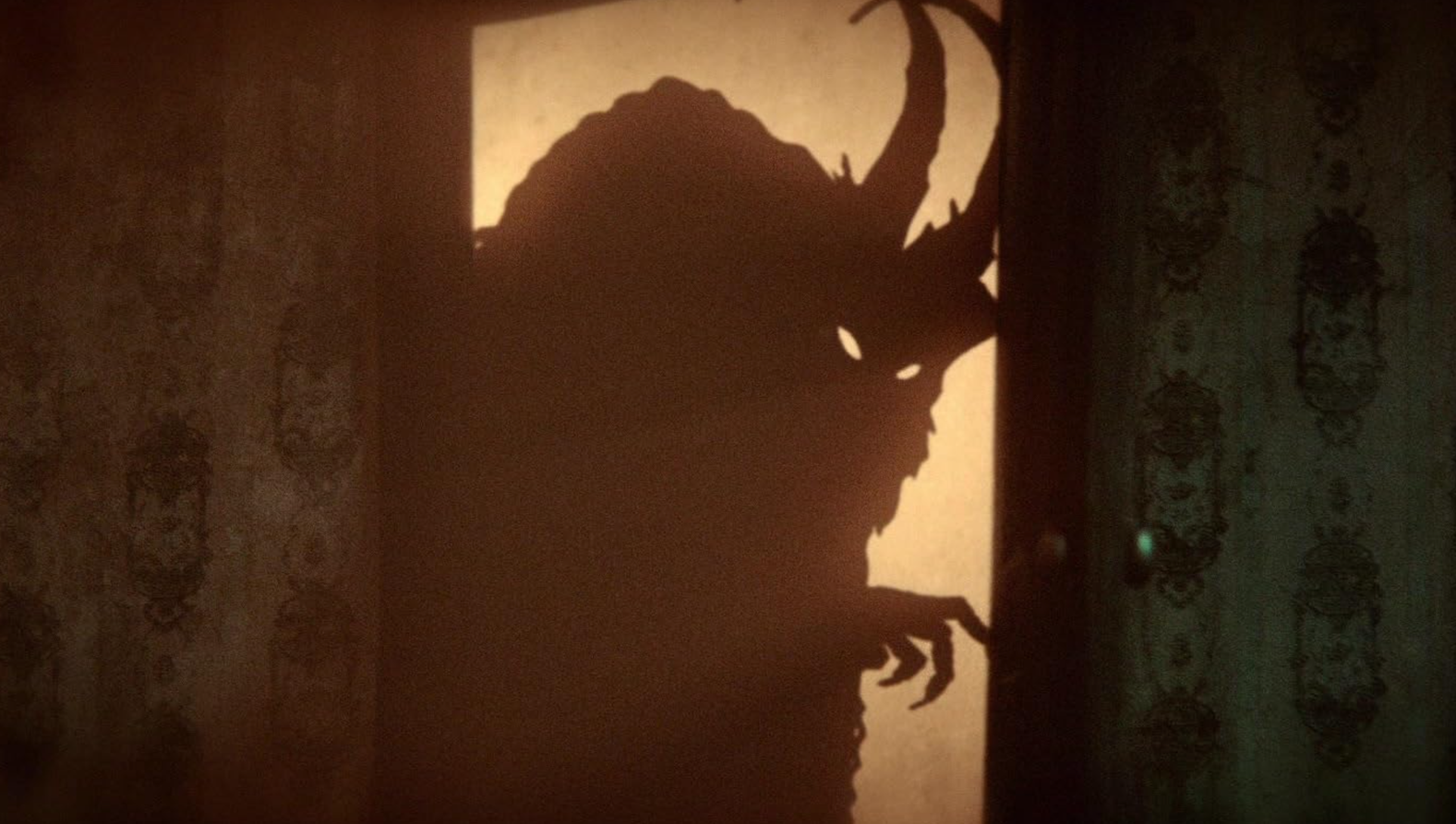 An image from the horror movie Krampus showing the titular Krampus silhouetted in a doorway.