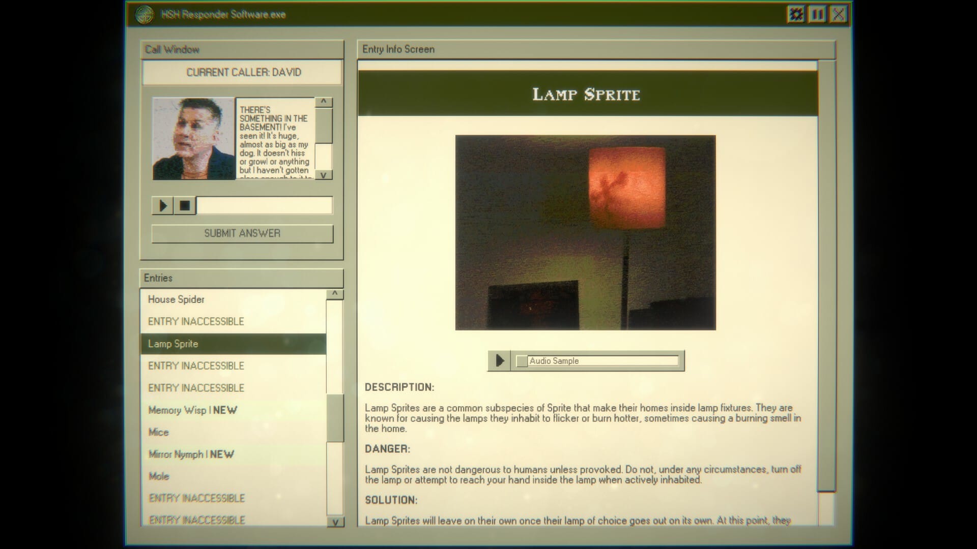 A screenshot from the video game Home Safety Hotline showing an entry on the Lamp Sprite.