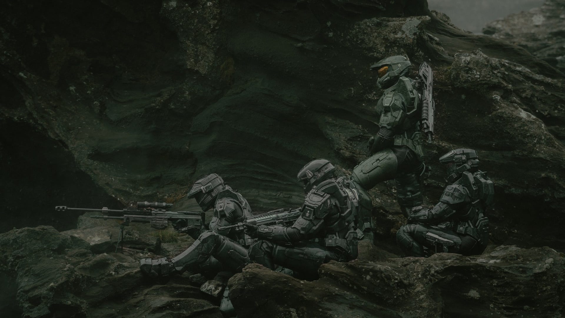 The four Spartans perched on a cliff side in the Halo Season 2 premiere.
