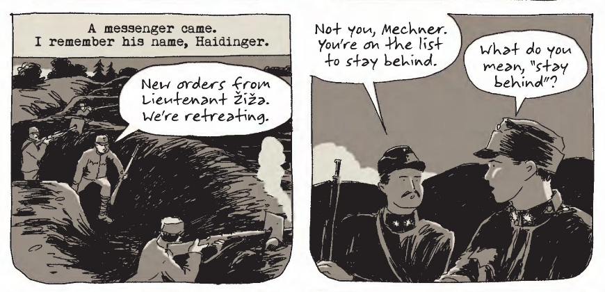 A pair of comics panel showing a young solder being told to stay behind in a shallow trench.