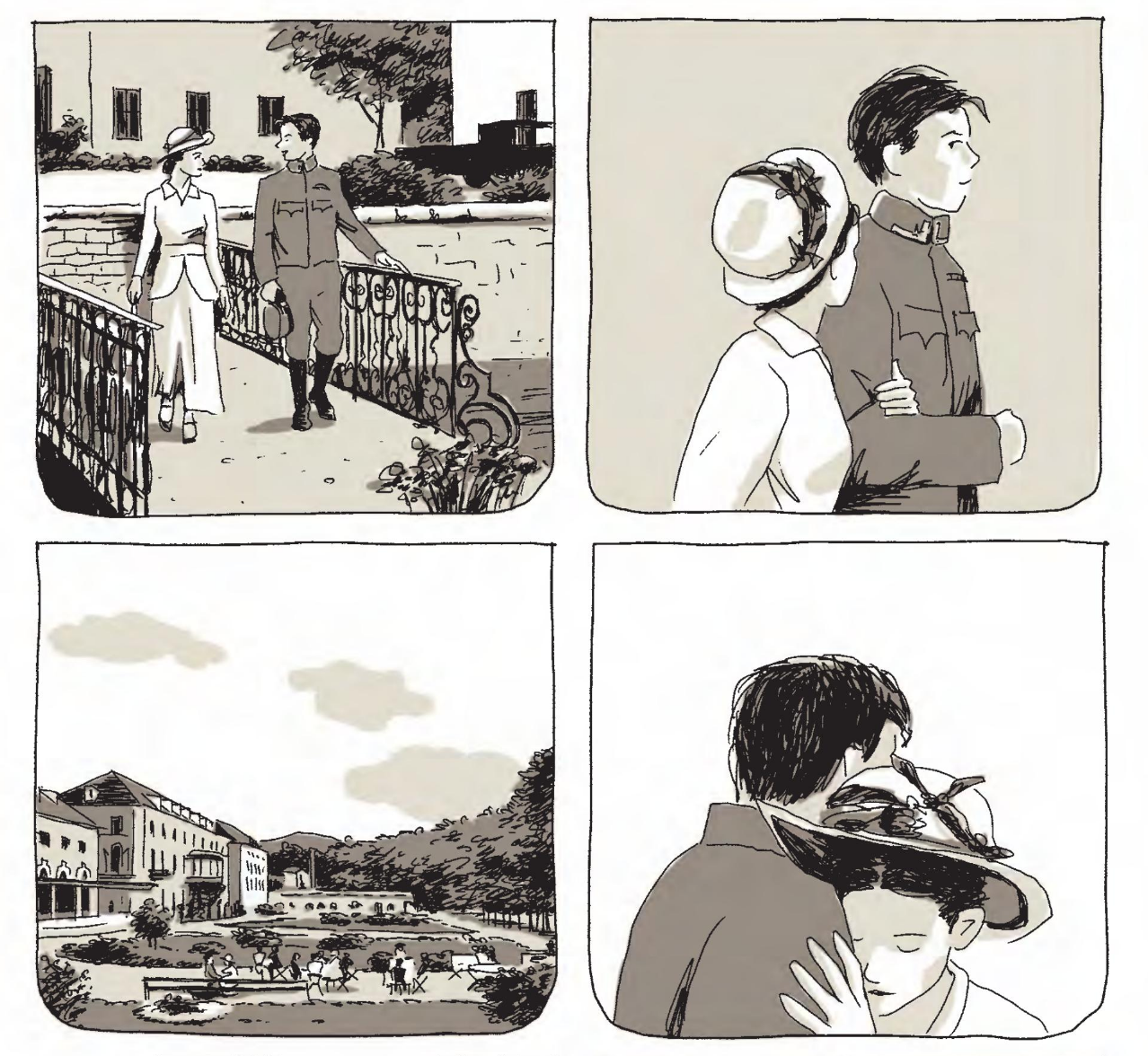A series of wordless panels showing a young man in a military uniform walking with a young woman. At last they sadly embrace.