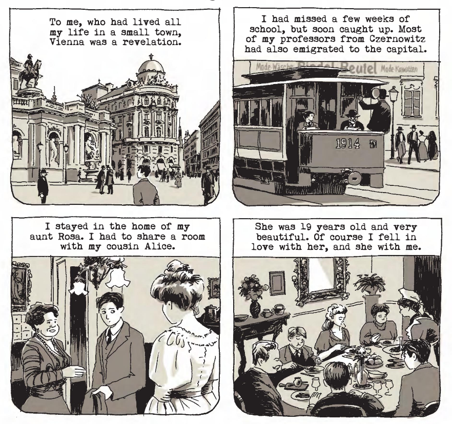 A series of panels showing a young man's life in pre-World War Vienna.