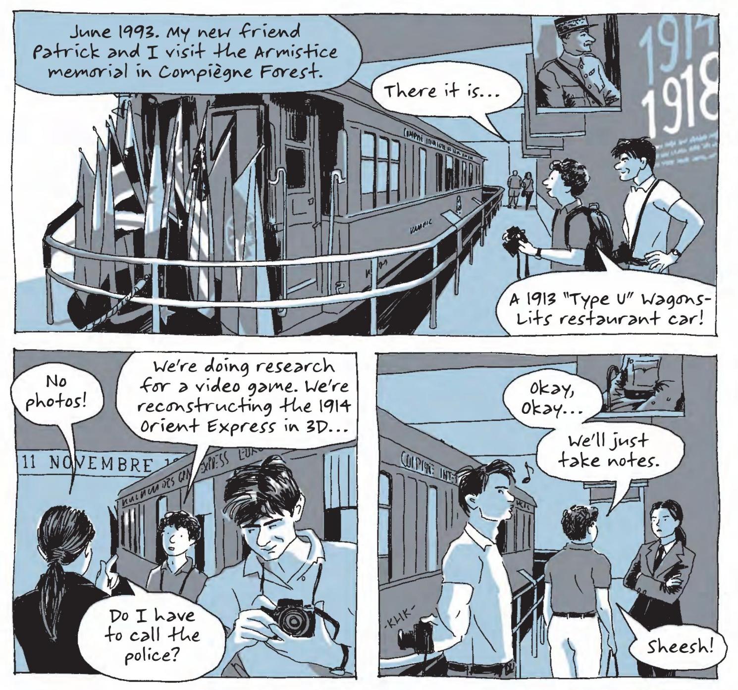 A series of comics panels showing two young game designers taking reference photos of an old train car.