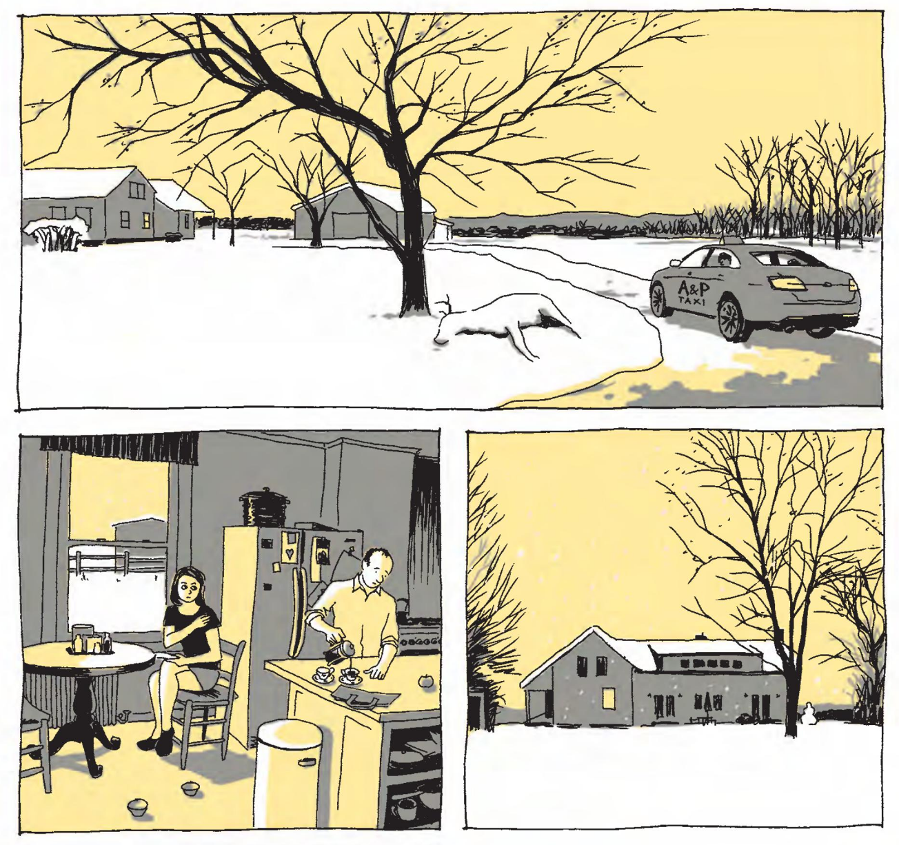 A series of panels showing a cab pulling up to a lonely, snow-covered house. A man and woman silently prepare coffee inside.