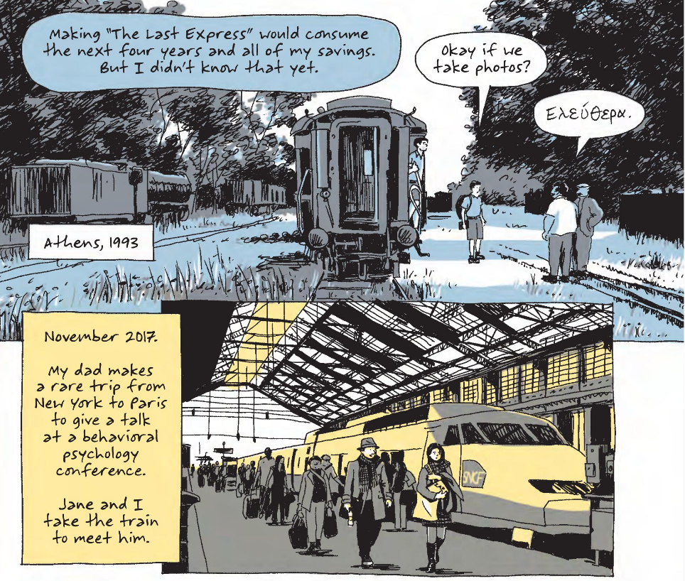 A pair of comics panels that echo one another, each featuring Jordan Mechner with a train, one an antique the other ultra modern.