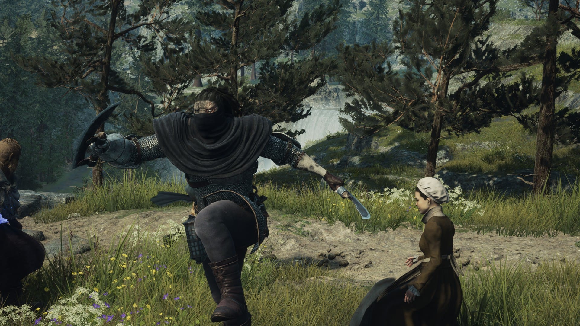 A masked warrior vaults toward the camera past a kneeling peasant in a forest.
