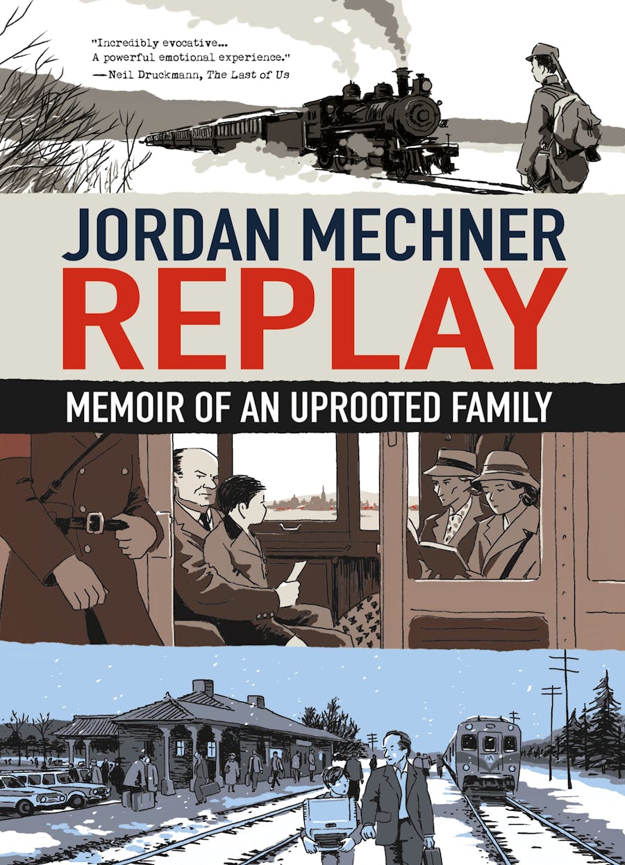 The cover of the graphic novel Replay, depicting people traveling by train in three eras
