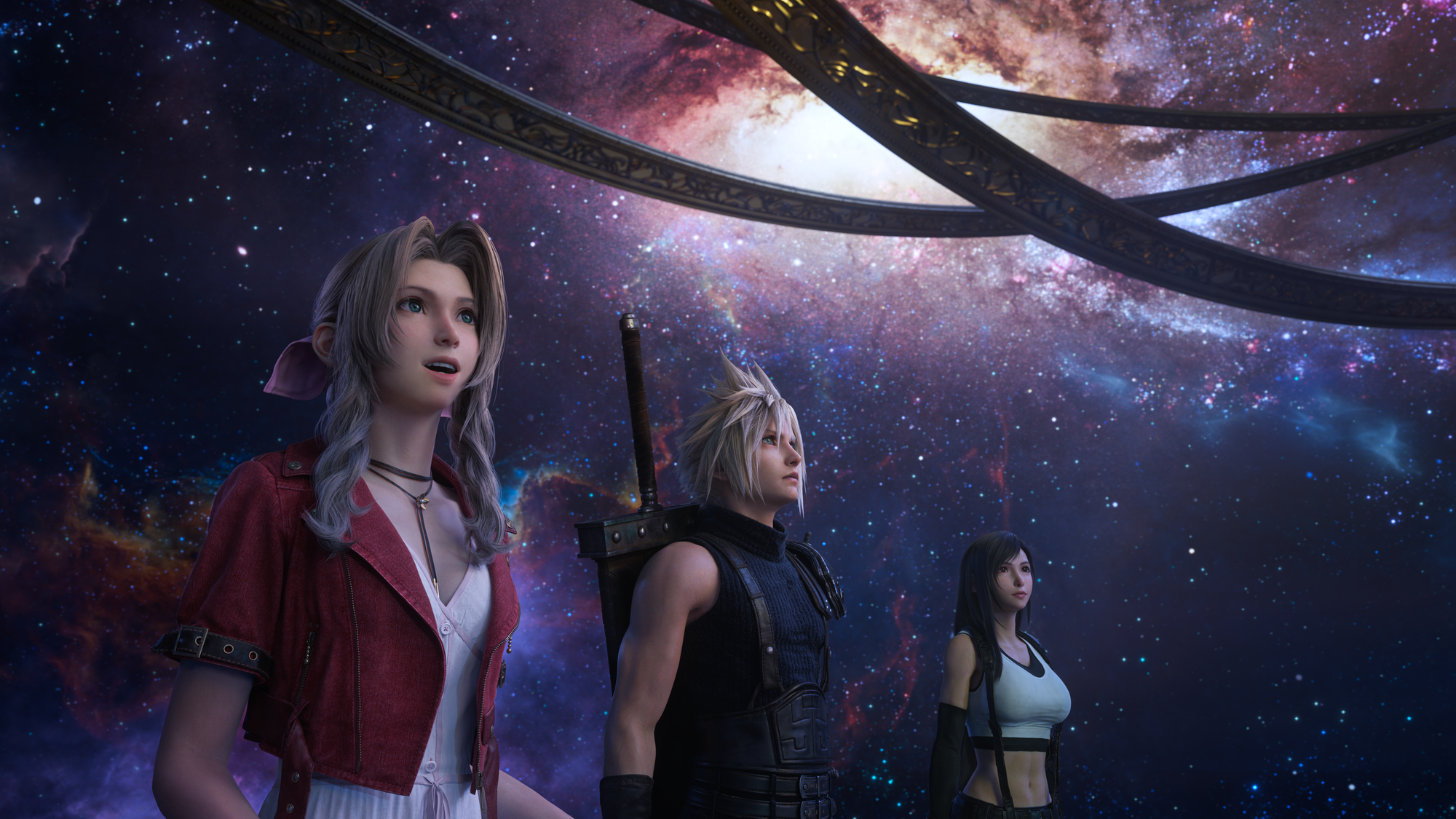 Aerith, Cloud, and Tifa look up at a wondrous night sky standing beneath some kind of odd device.