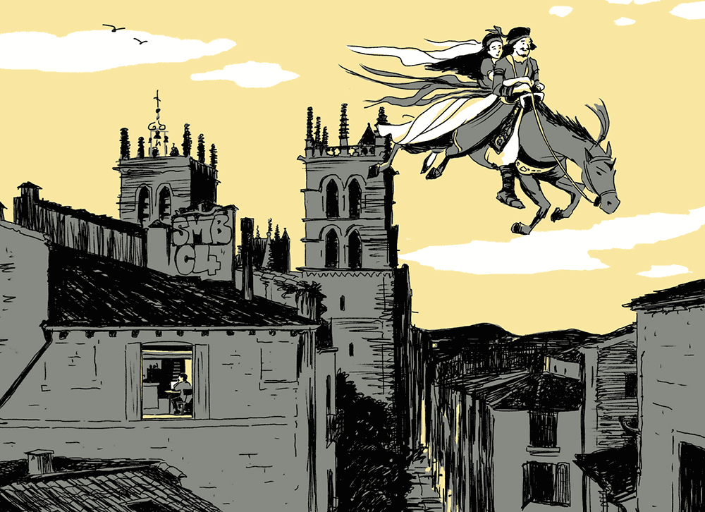 A fanciful drawing of a man and woman in vaguely Persian dress on a horse flying above an old city.