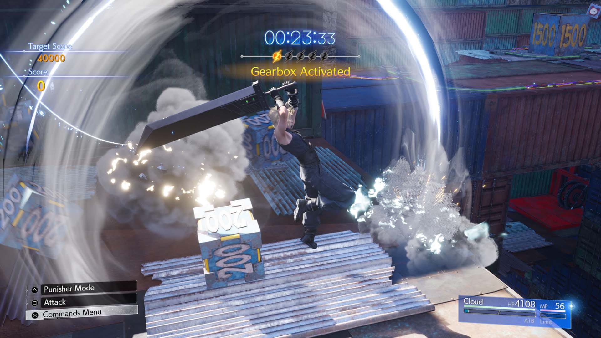 Cloud slashing boxes with his sword as "gearbox activated" appears above him.