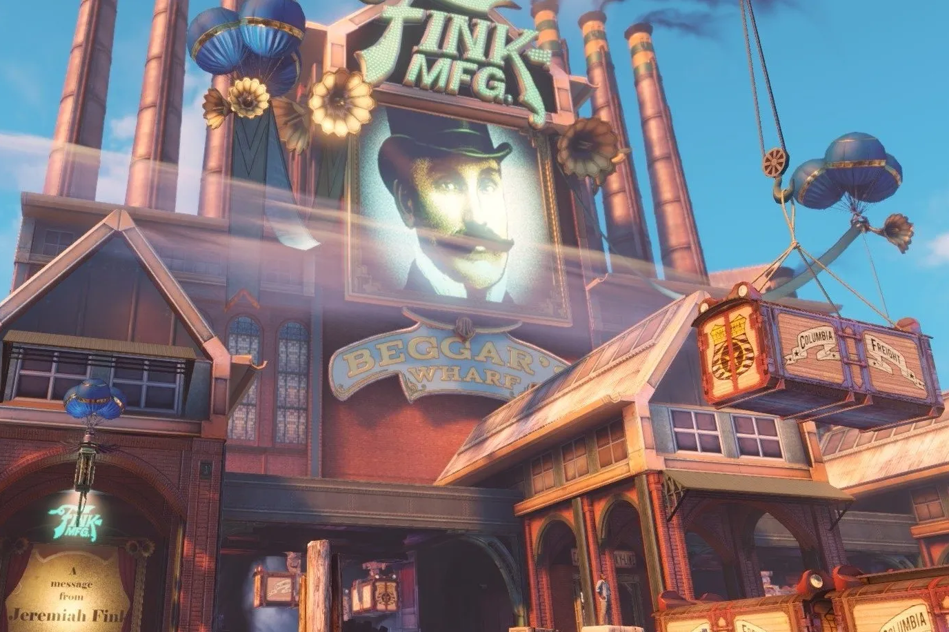 A stylized, cartoonishly bright factory against a deep blue sky with the "Fink Mfg" legend over the door.