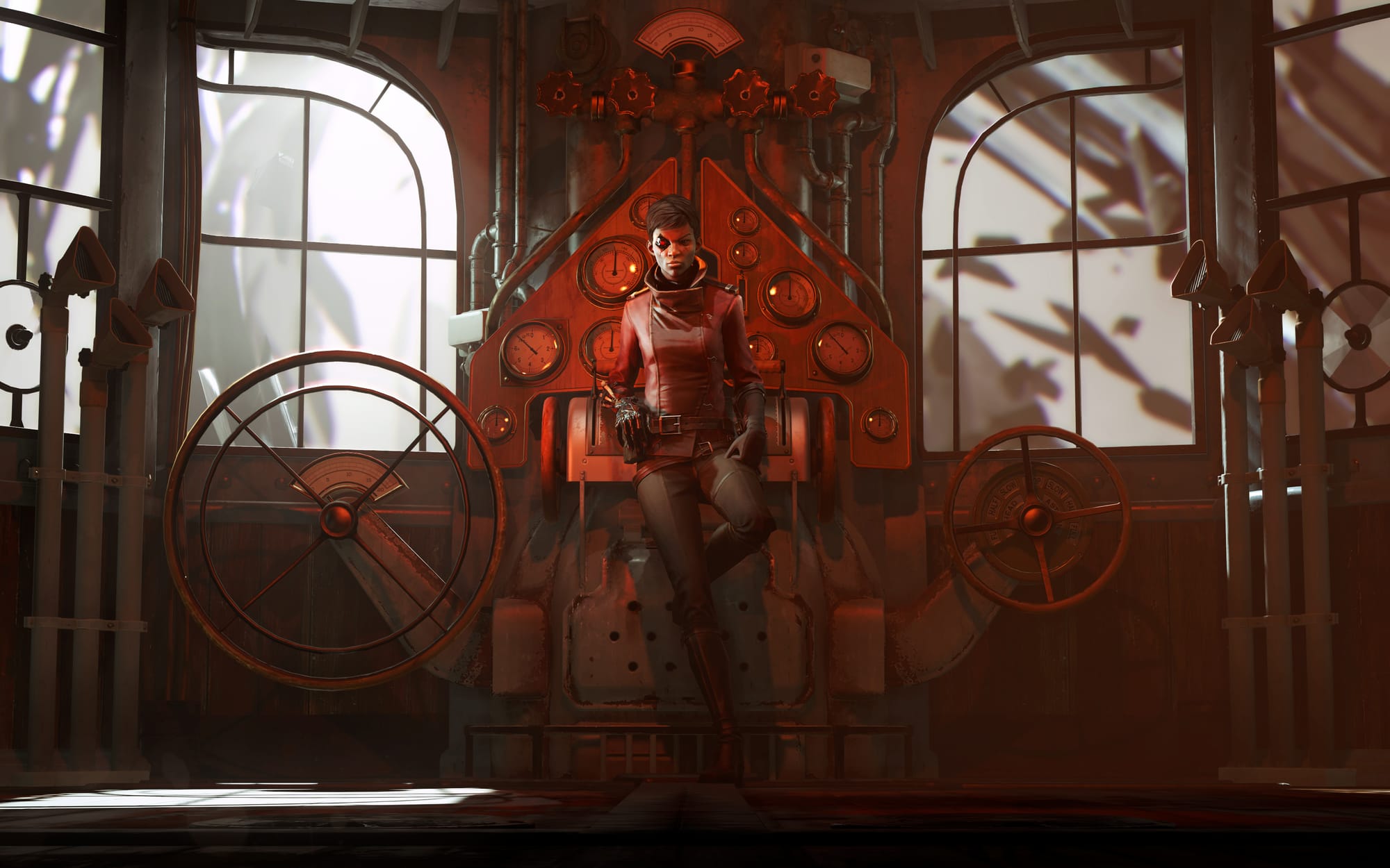 Billie from Dishonored leaning up against a large mechanical contraption with wheels and gears.