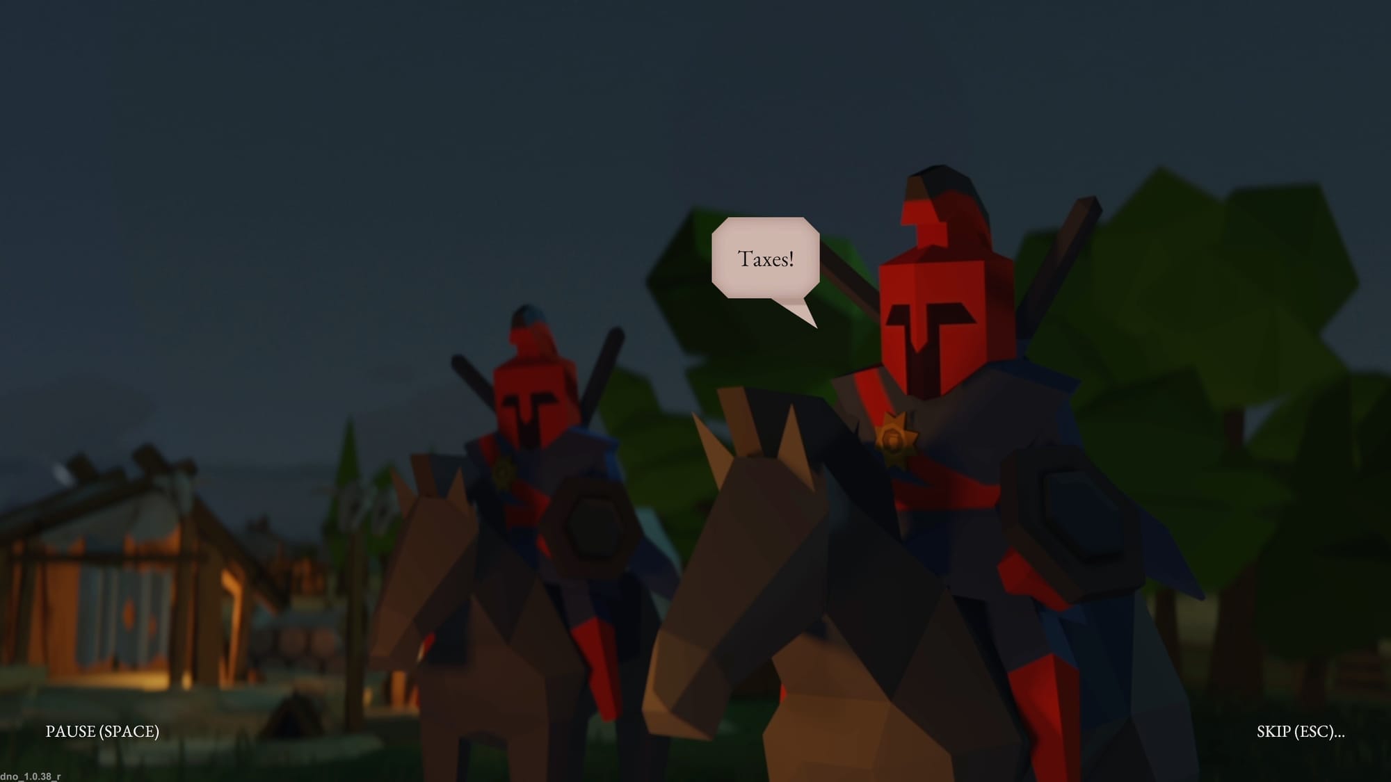 A mounted polygonal horseman yells "TAXES" at peasants.