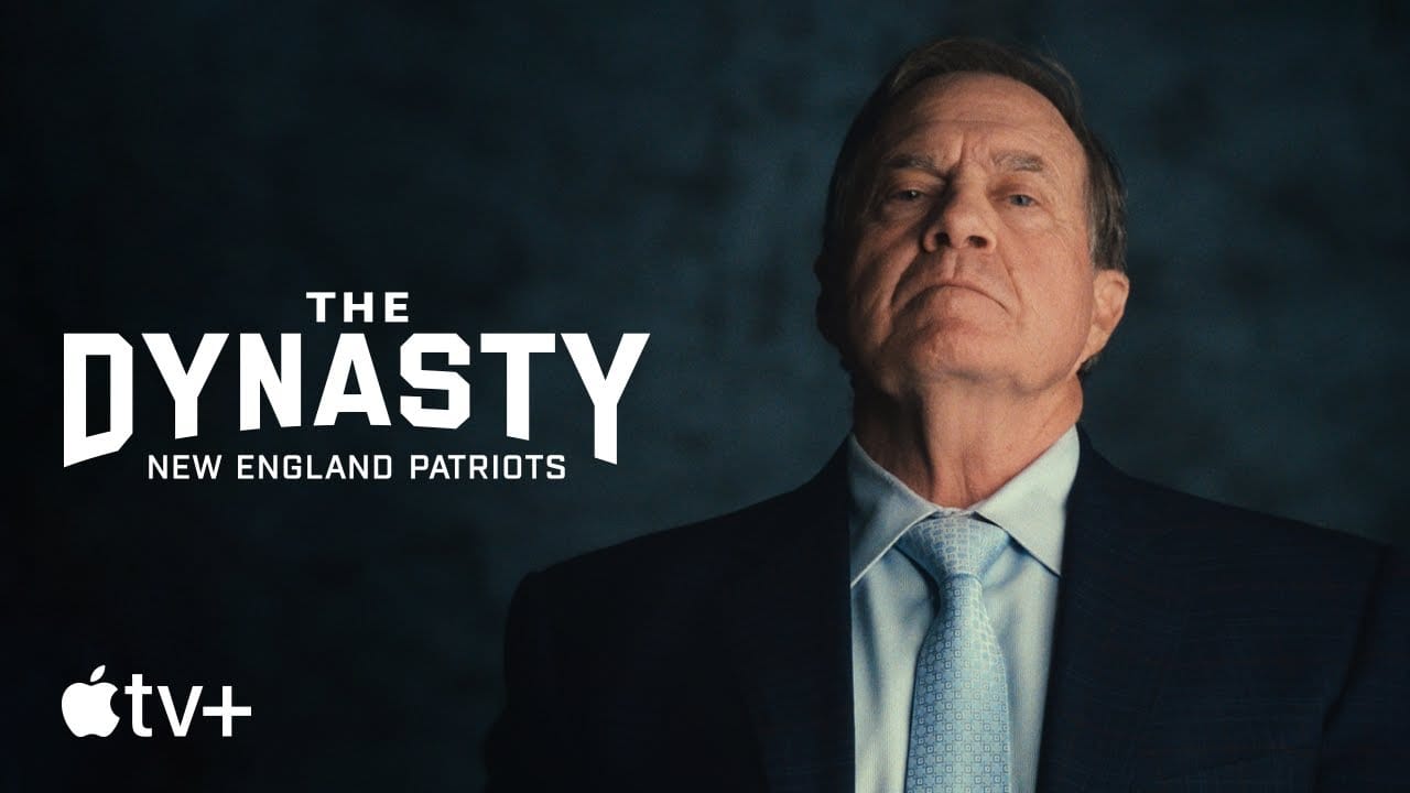 Bill Belichick sneers at the camera next to the logo for The Dynasty on Apple TV