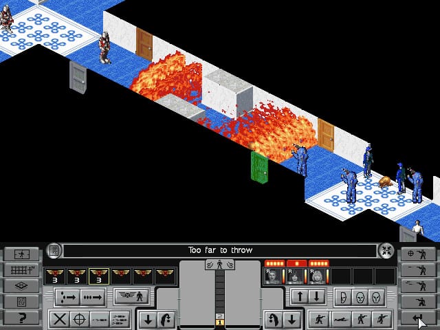 A battle unfolds in a narrow hallway in an old 90s tactics game, with fire filling the hall.