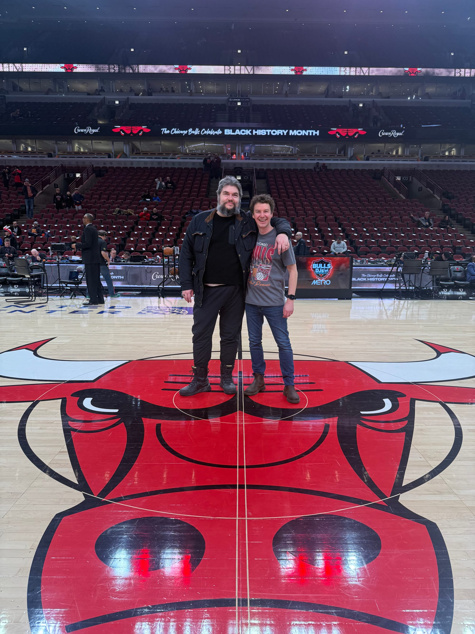 A photo of Rob and Patrick attending a Chicago Bulls game