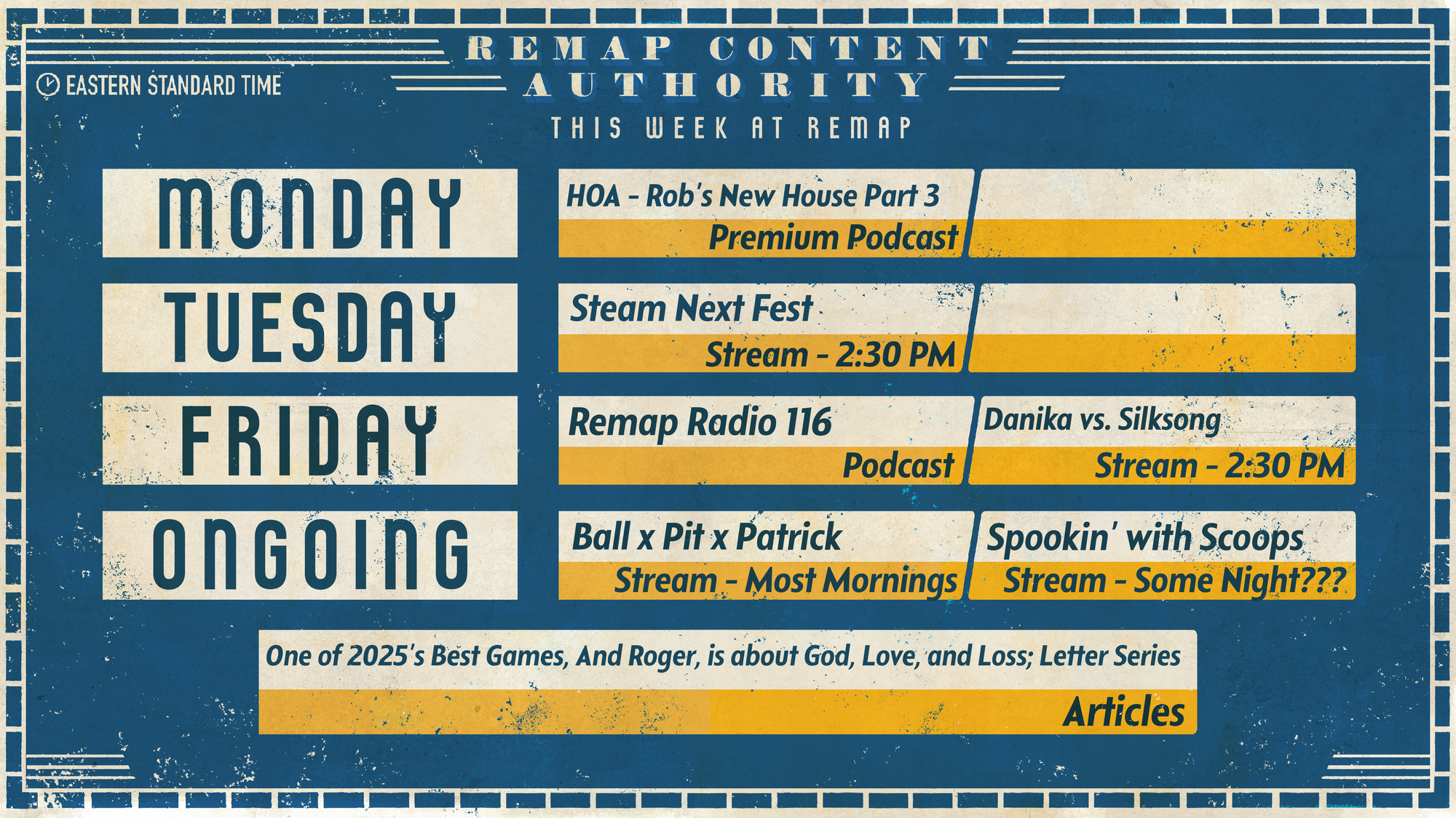 A schedule for the next week of Remap