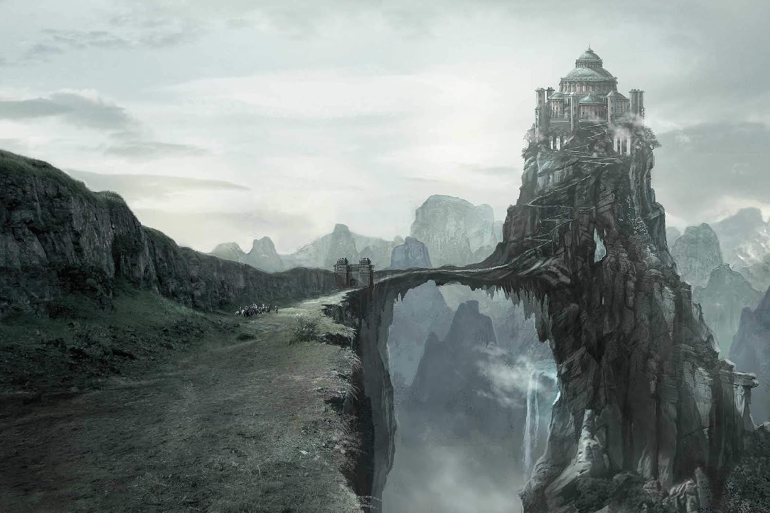 A romanesque estate sits atop an impossibly narrow spire of rock above an apparently bottomless chasm connected by a thin thread of stone walkway.