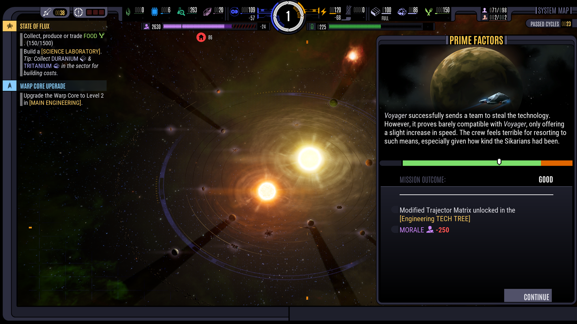 A screenshot showing a mission outcome where technology has been successful stolen from nice aliens, and everyone feels like crap about it.